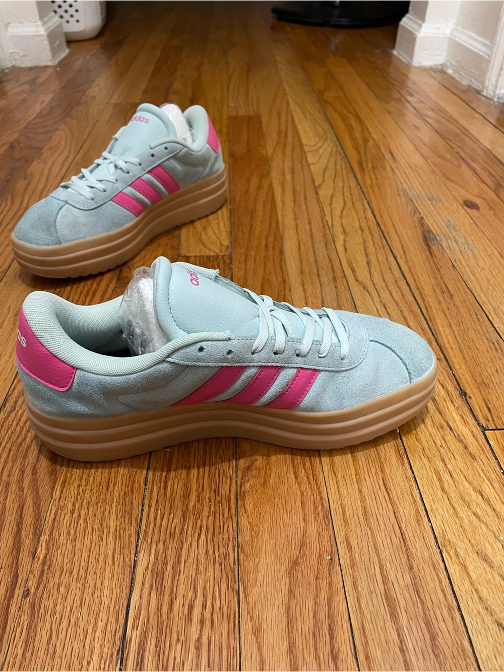 adidas Women's Mint Suede Sneakers with Pink Stripes and Gum Platform - Picture 6 of 9